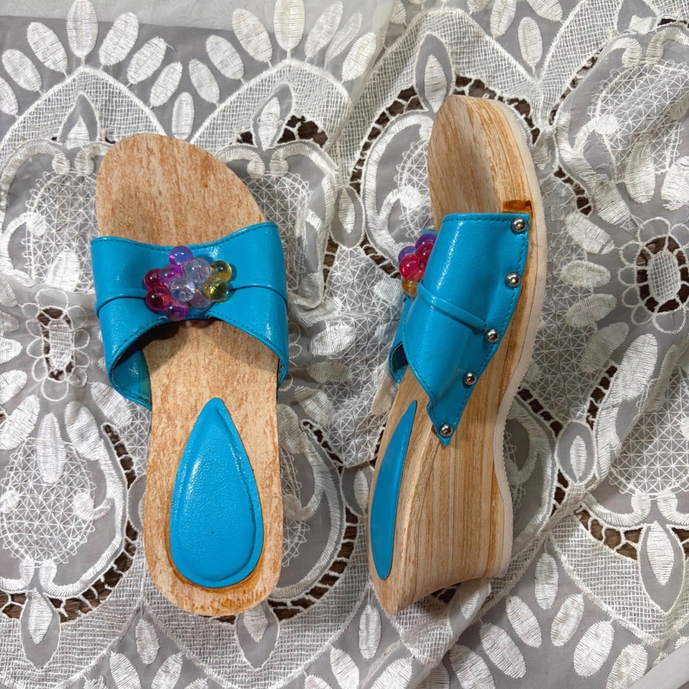 Vintage Y2K Teal Blue Beaded Wooden Platform Wedge Slide SandalsL 9-10